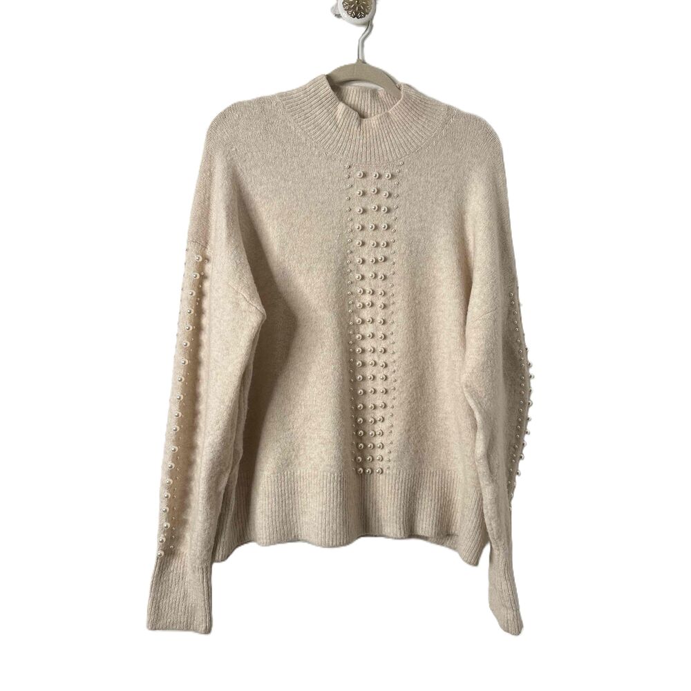 H&M Sweater Womens Size Medium Cream Mock Neck Pearl Embellished Long Sleeve